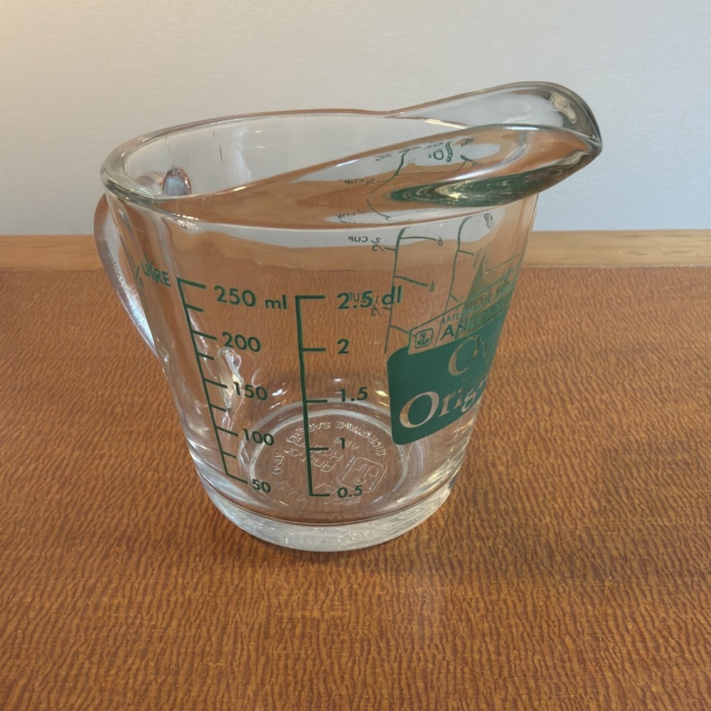 Green Lettering Anchor Hocking - One Cup -  Measuring Cup Oven Originals Glass